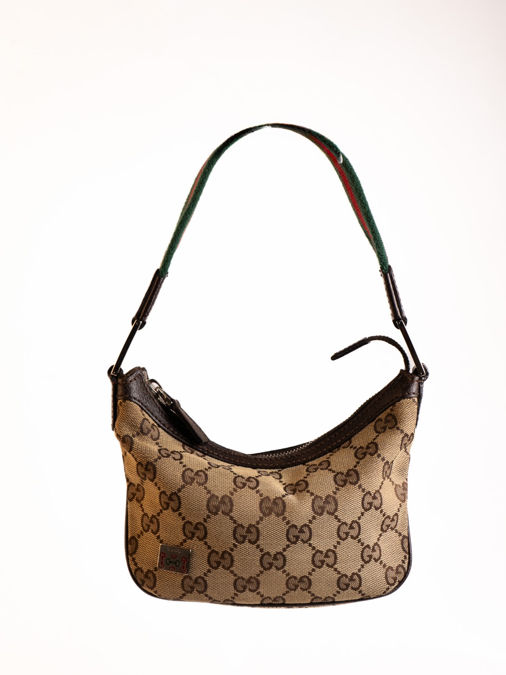 Gucci Beige Brown Gg Canvas Shoulder Bag With Green-Red Strap